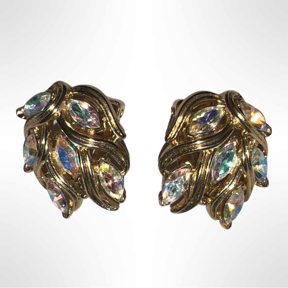 DAZZLING CROWN TRIFARI MARQUISE AB RHINESTONE CLIP On EARRINGS SET